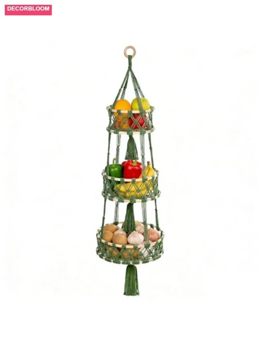 3 Tier Hanging Fruit Basket, Macrame Cotton Rope Handwoven Hammock Storage